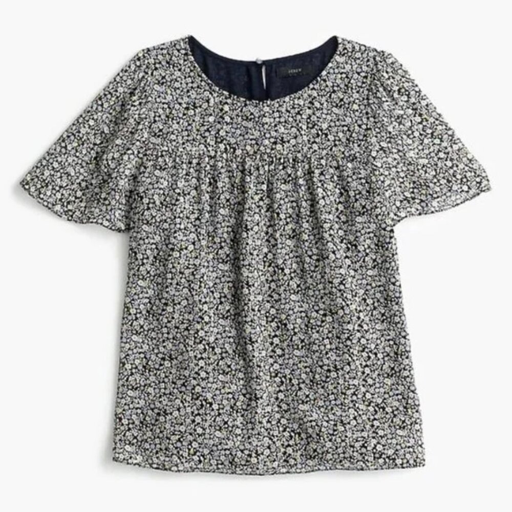 EUC J.Crew Metallic Silk Chiffon Blouse Top Ditsy Floral Print Size 000